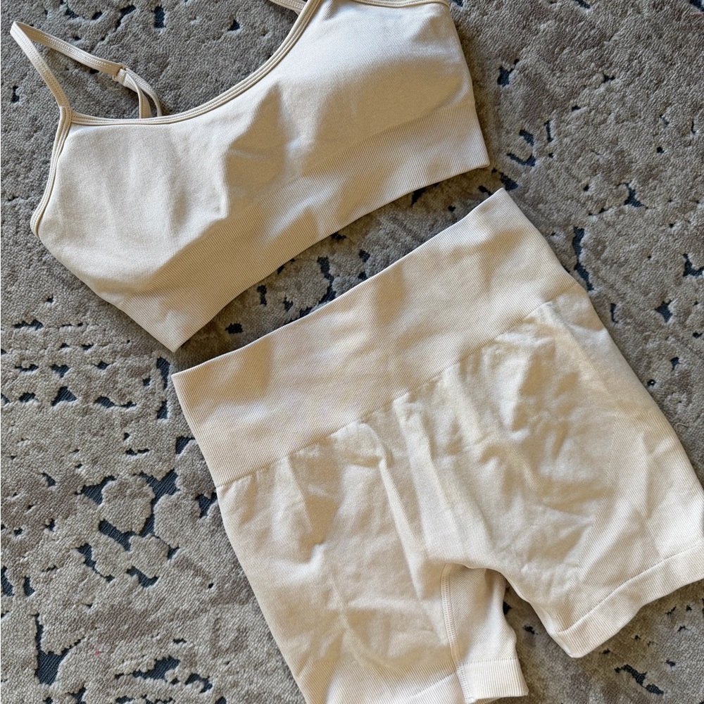 Amazon Cream Sports Bra and Shorts Set